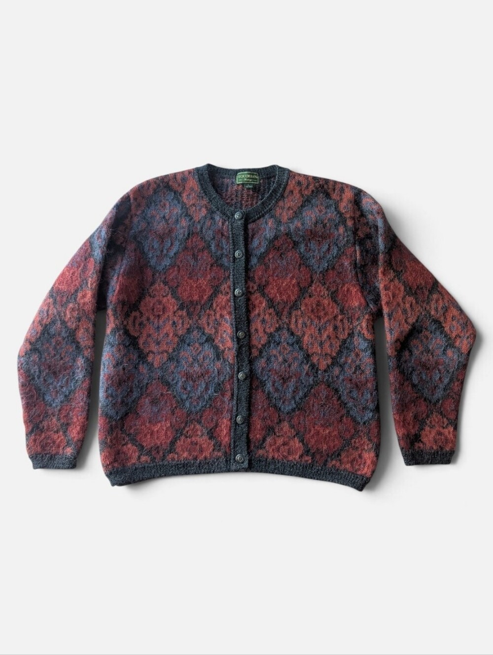 Equorian Vintage Heritage Mohair Blend Cardigan Sweater Diamond Lattice Burgundy
